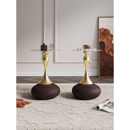 Manhattan Comfort Round End Table, 15.75 in L, Stainless Steel, Brown and Gold 2-ET006-BR